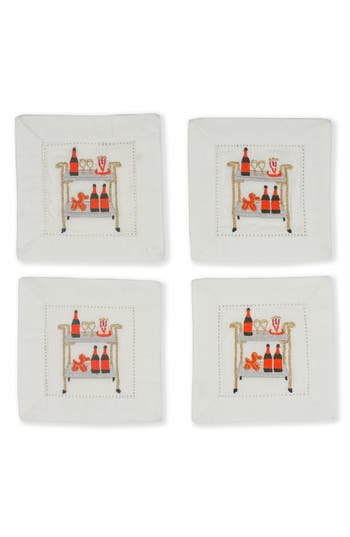Tiramisu Bar Cart Bliss Embroidered Linen Cocktail Napkins In Multi