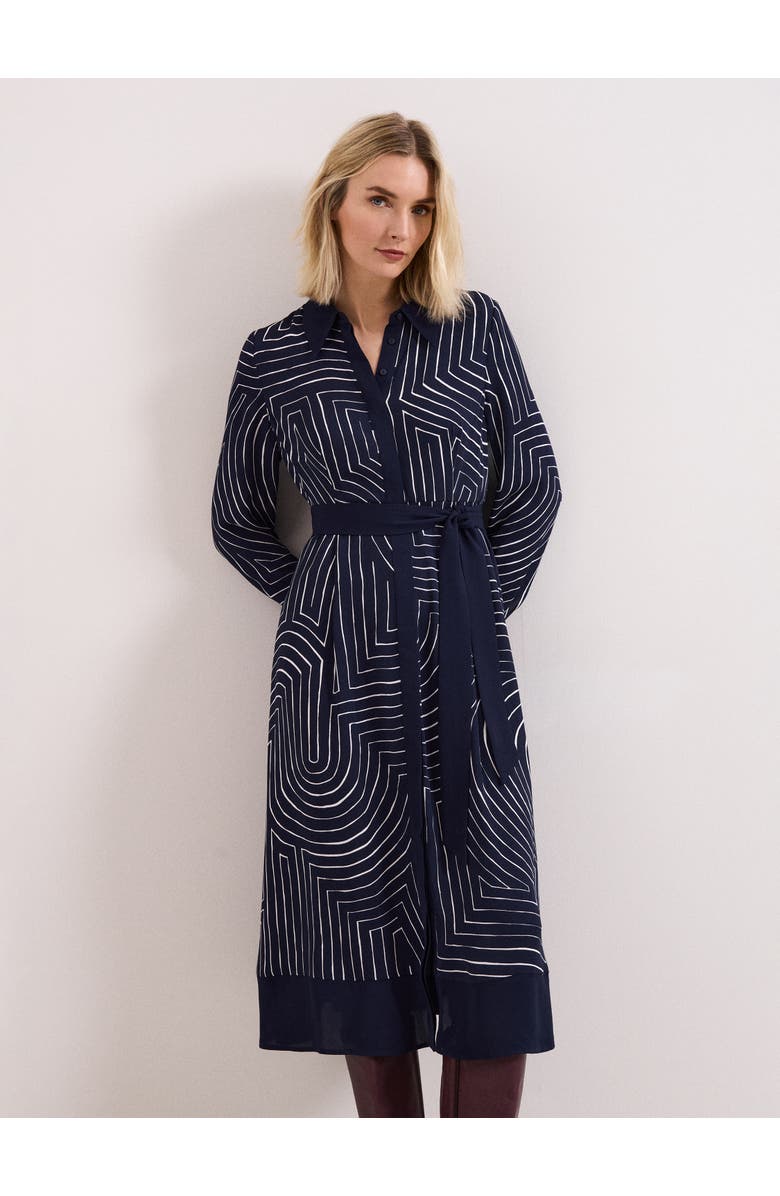 Phase Eight Charlotte Long-Sleeve Belted Midi Dress, Alternate, color, Navy/Ivory