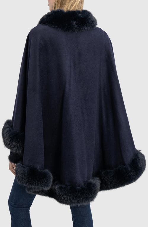 Lyla Grant Cashmere & Wool Blend Cape With Fur-free Fox (faux Fur) Trim In Blue