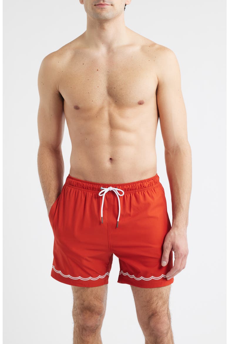 Rust Waves Embroidered Swim Trunks, Main, color, RED
