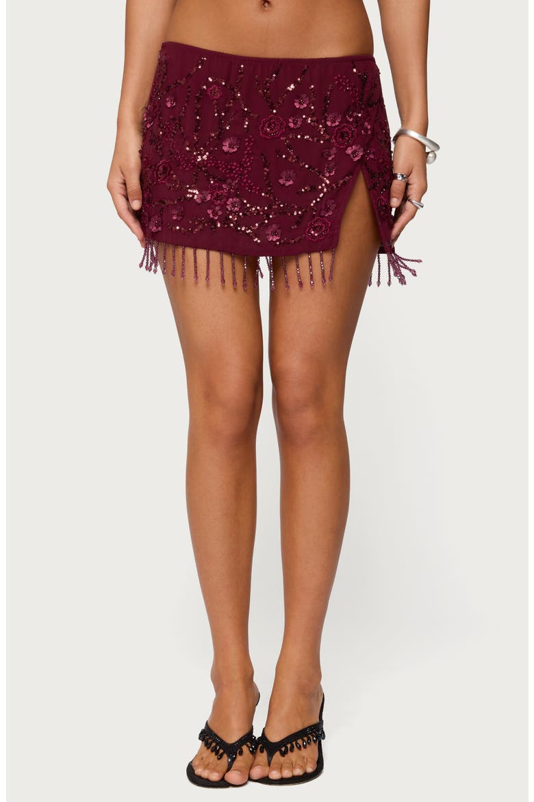 Sequin Bead Fringe Miniskirt, Main, color, BURGUNDY