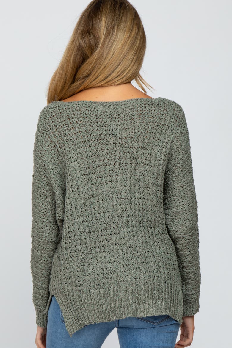 V-Neck Side Slit Thick Knit Sweater, Alternate, color, Olive Green
