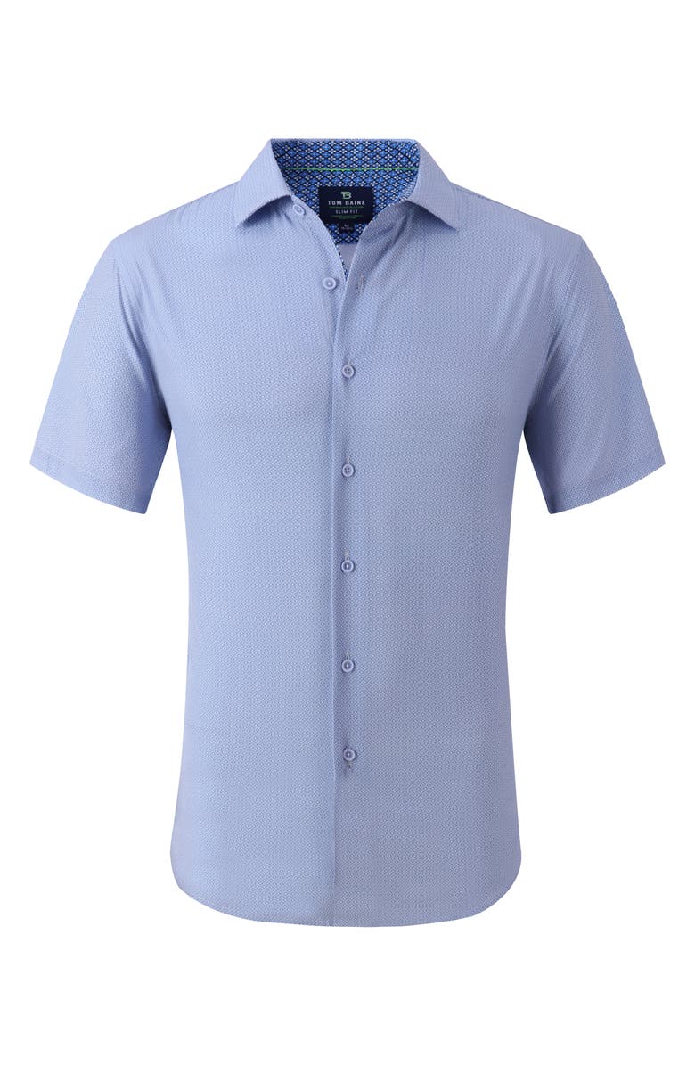 TOM BAINE Slim Fit Short Sleeve Performance Stretch Button-Up Shirt, Alternate, color, Blue/ White