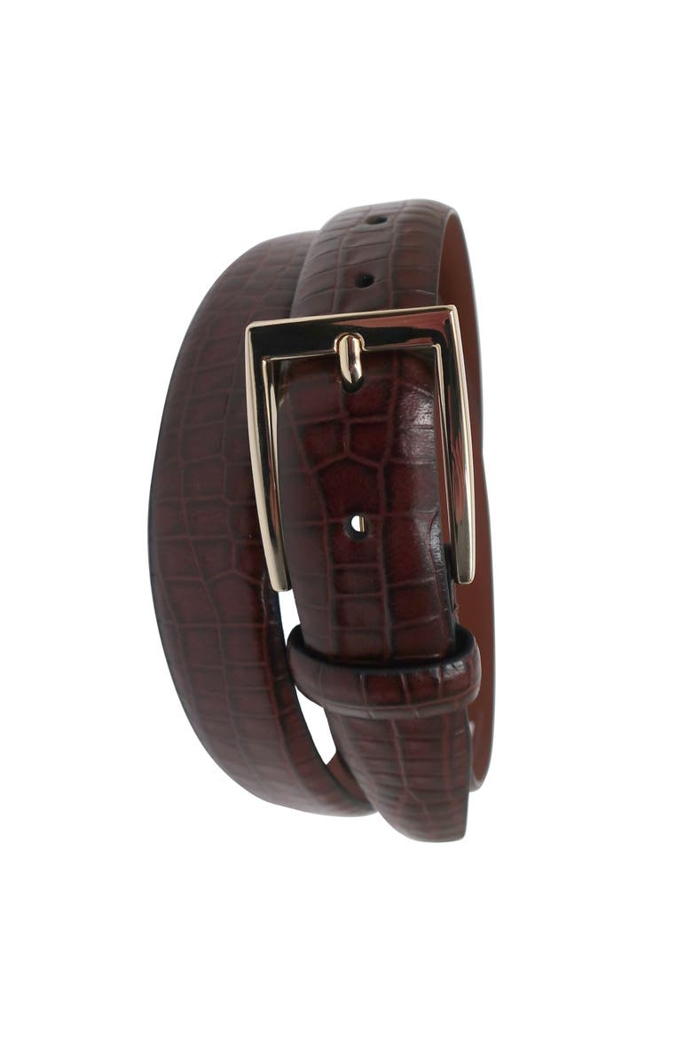Crocodile Embossed Leather Belt, Alternate, color, Brown