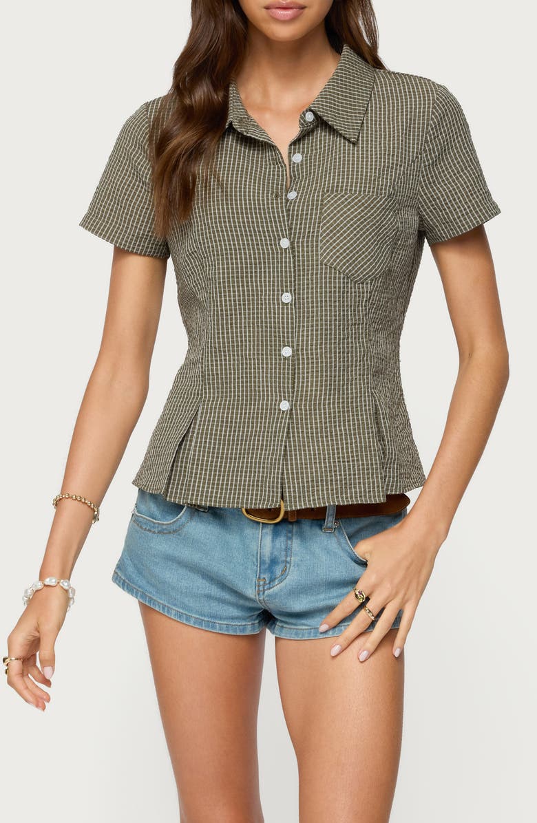 EDIKTED Alisa Plaid Crop Cotton Blend Button-Up Shirt, Main, color, Olive