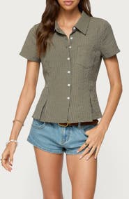 EDIKTED Alisa Plaid Crop Cotton Blend Button-Up Shirt