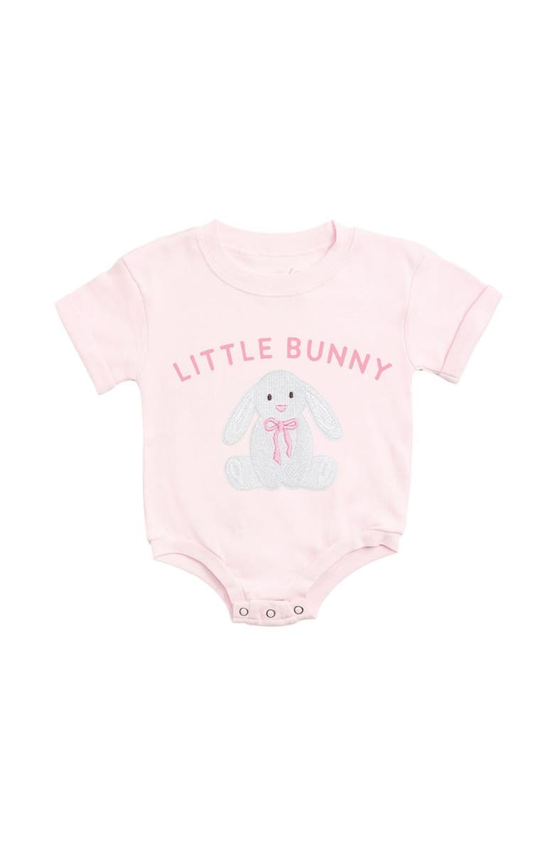 Sweet Wink Little Bunny Patch Easter Short Sleeve Romper, Main, color, Ballet Pink