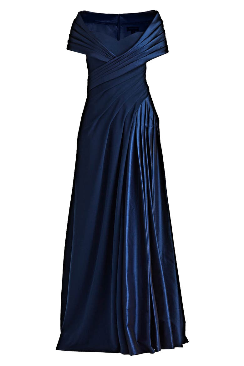 Portrait Collar Satin & Crepe Gown, Alternate, color, NAVY