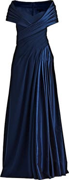 Tadashi Shoji Portrait Collar Satin & Crepe Gown