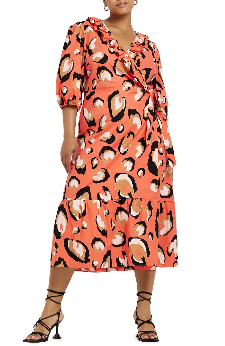 River Island Wilma Leopard Print Side Tie Midi Dress, Main, color, 