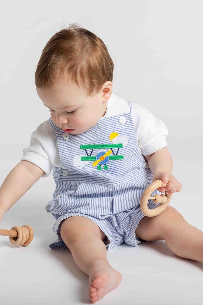 Seersucker Shortall With Airplane, Alternate, color, Blue/White