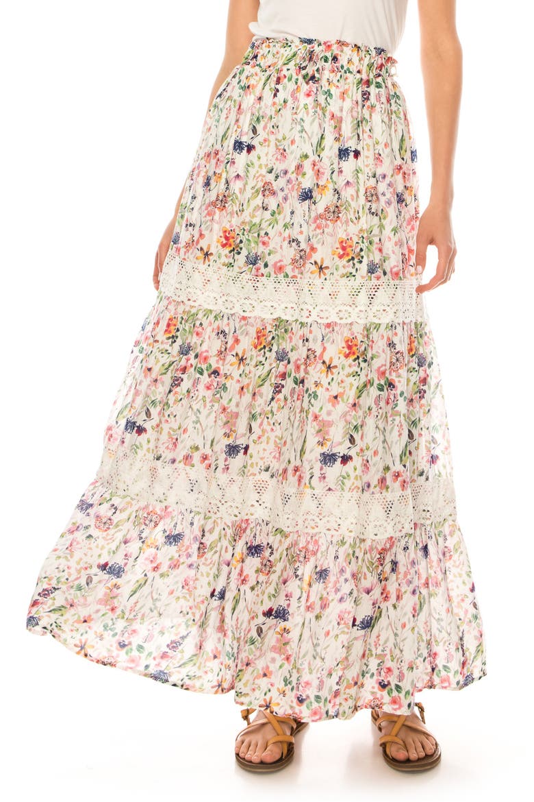 Floral Print Crochet Trim Maxi Skirt, Main, color, BRIGHT WHITE
