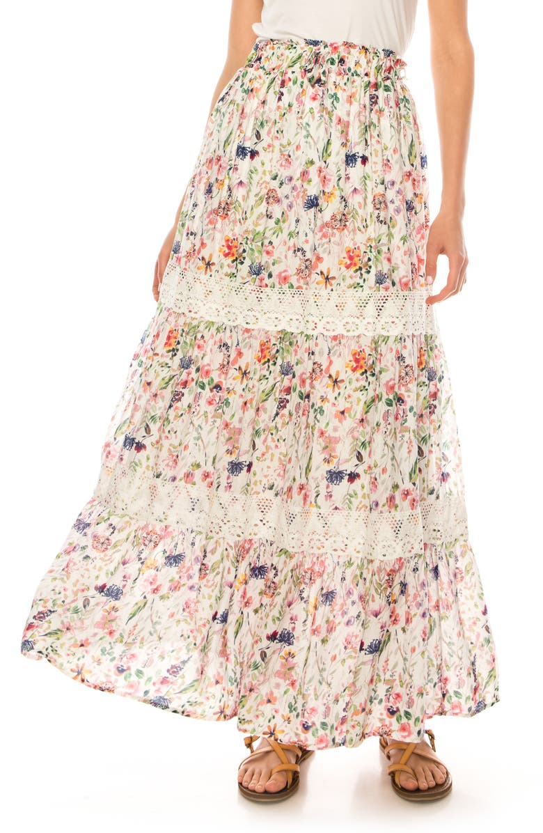 A COLLECTIVE STORY Floral Print Crochet Trim Maxi Skirt, Main, color, Bright White
