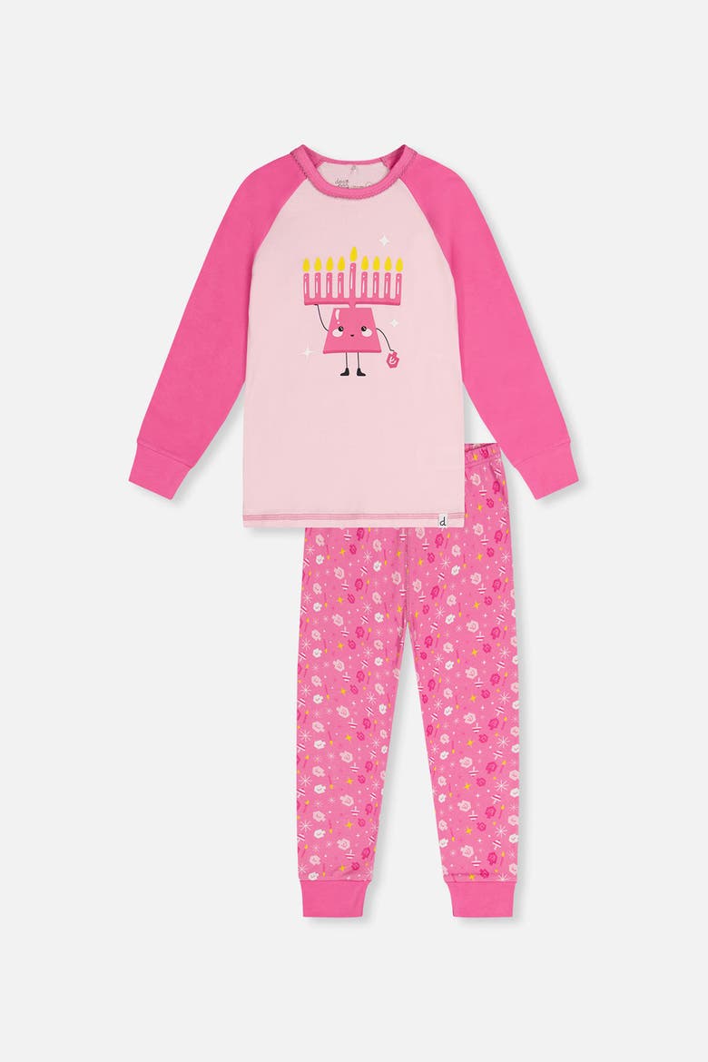 Hanukkah Organic Cotton Top Pants Two Piece Pajama Set, Main, color, Rose Printed Hanukkah