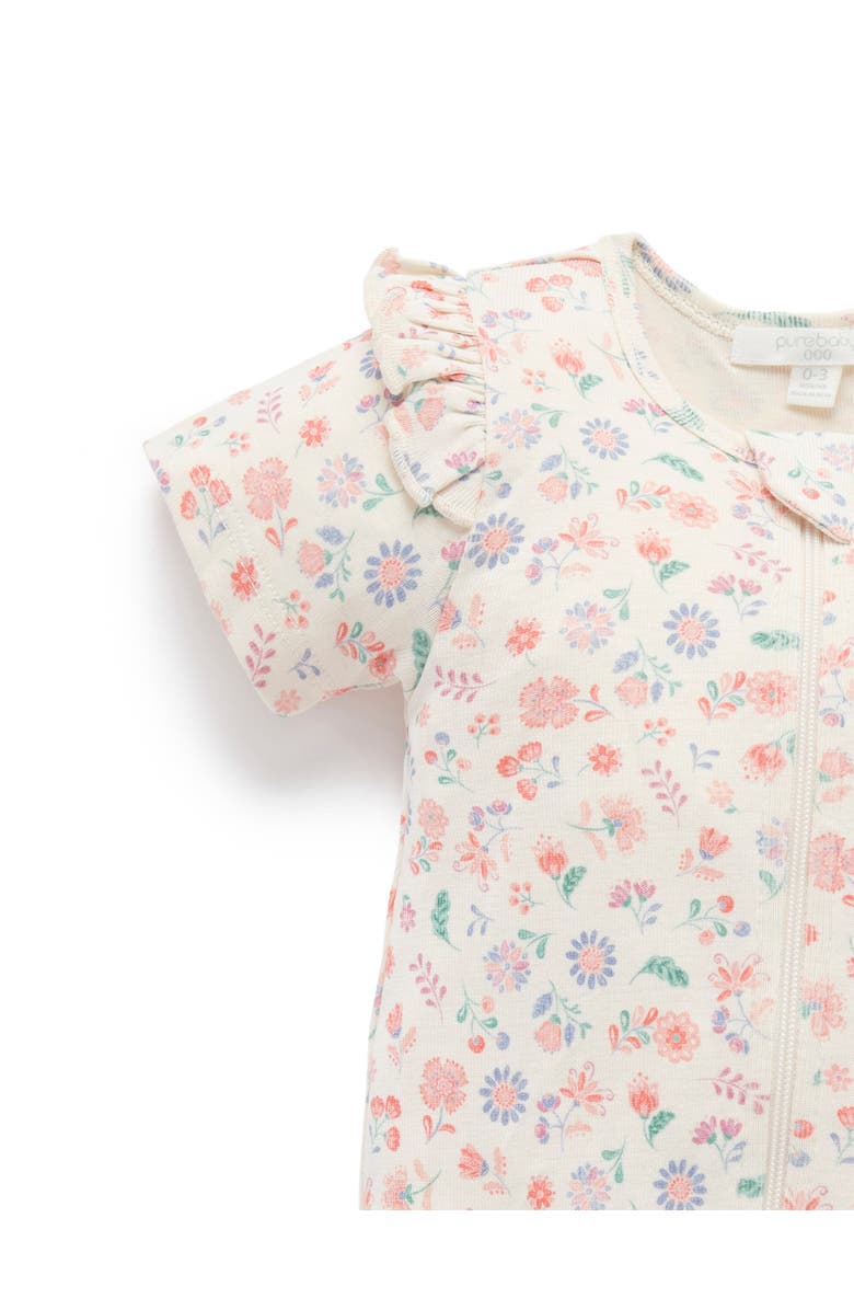 Purebaby Printed Short Sleeve Long Leg Ruffle Romper, Alternate, color, Flor Print