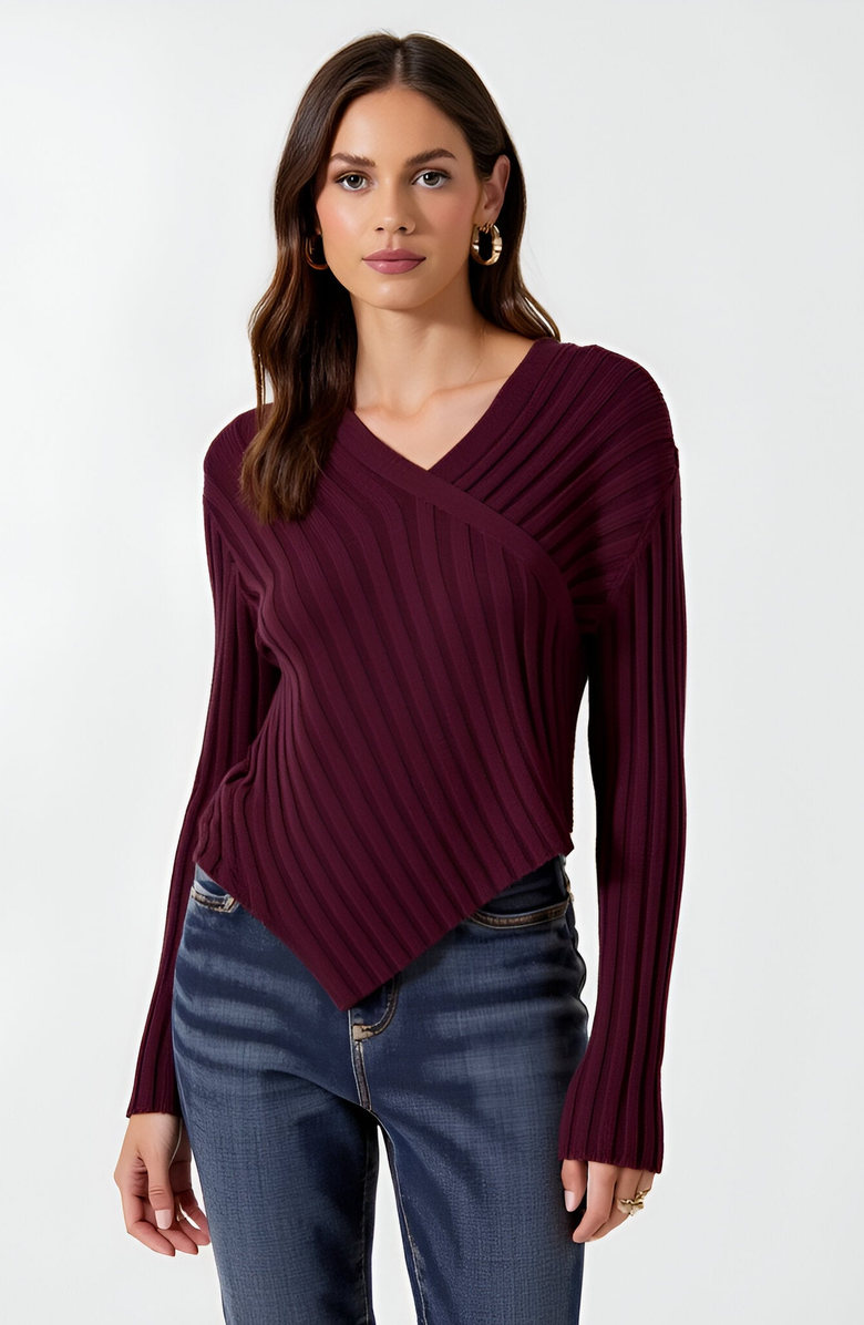 Modenaire Asymmetrical Hem V Neck Ribbed Knit Sweater, Main, color, 