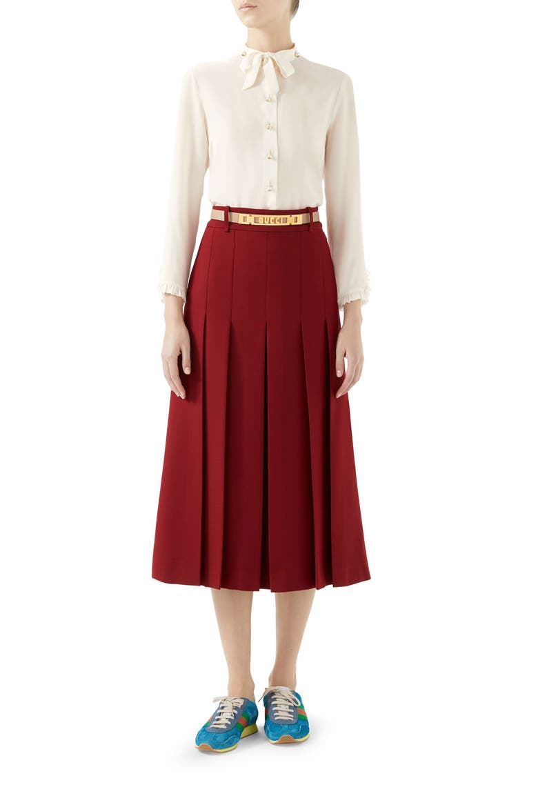 Logo Belt Pleated Midi Skirt, Alternate, color, REAL MAGENTA