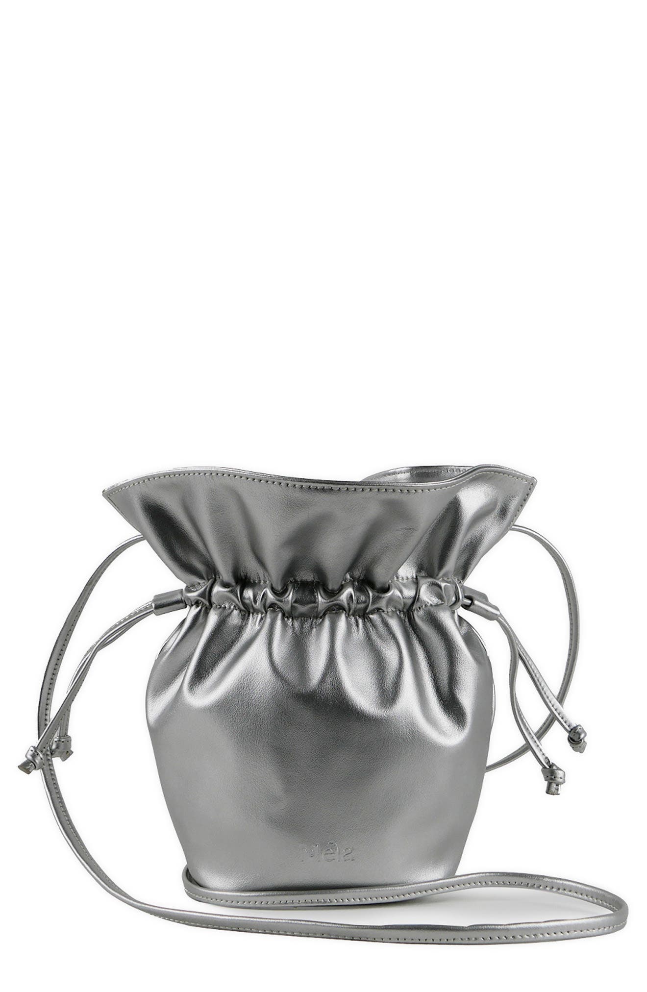 Mela Faux Leather Bucket Bag, Main, color, Silver