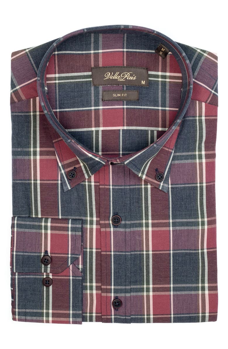 VELLAPAIS Plaid Cotton Slim Fit Button Down Shirt, Alternate, color, Green Plaid