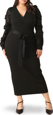 FLYING TOMATO Floral Appliqué Sleeve Sweater Faux Wrap Dress