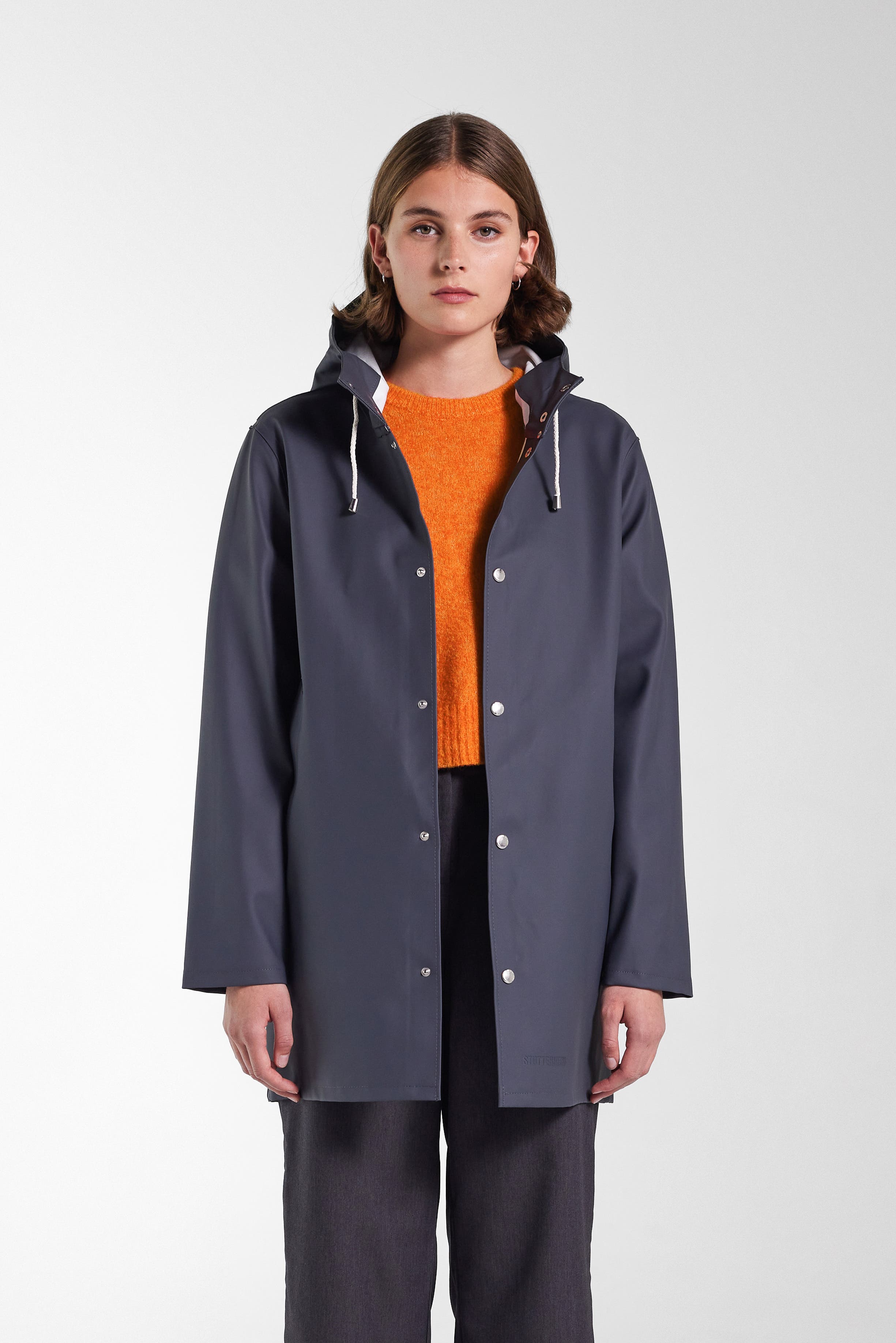 Stutterheim Stockholm Long Sleeve Hooded Raincoat in Charcoal 