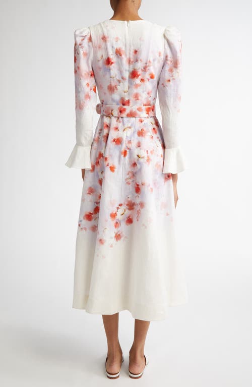 Shop Zimmermann Floral Belted Linen Midi Dress In Scarlet Floral