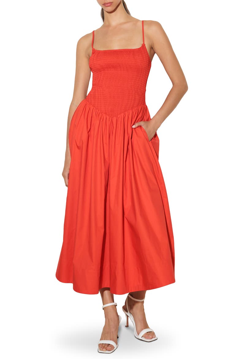 Smocked Cotton Midi Dress, Main, color, RED