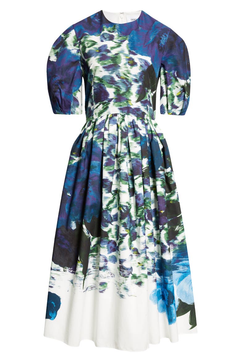 Floral Pleated Cotton Faille A-Line Midi Dress, Alternate, color, BLUE