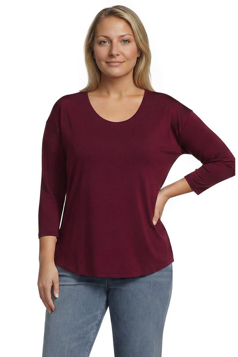 Plus Size 3/4 Sleeve Lightweight Jersey Shirttail Tee, Main, color, Rich Burgundy