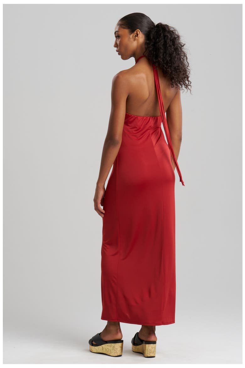 Solid Jersey Halter Dress w/ Hand Carved Wood Rings, Alternate, color, Red