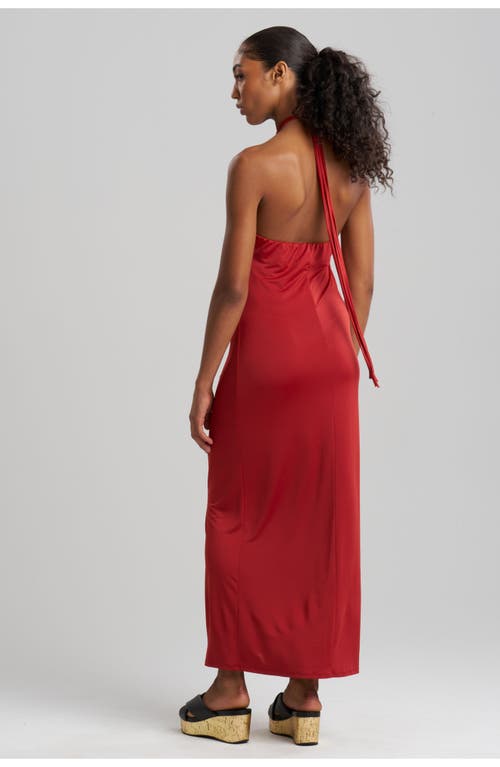 Natori Solid Jersey Halter Dress W/ Hand Carved Wood Rings In Red