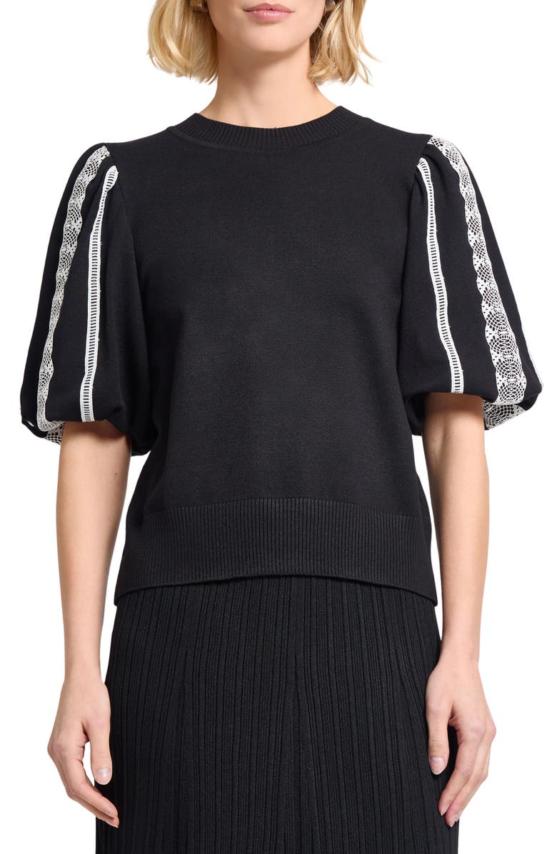 Misook Lace Appliqué Sweater, Main, color, Black/ White