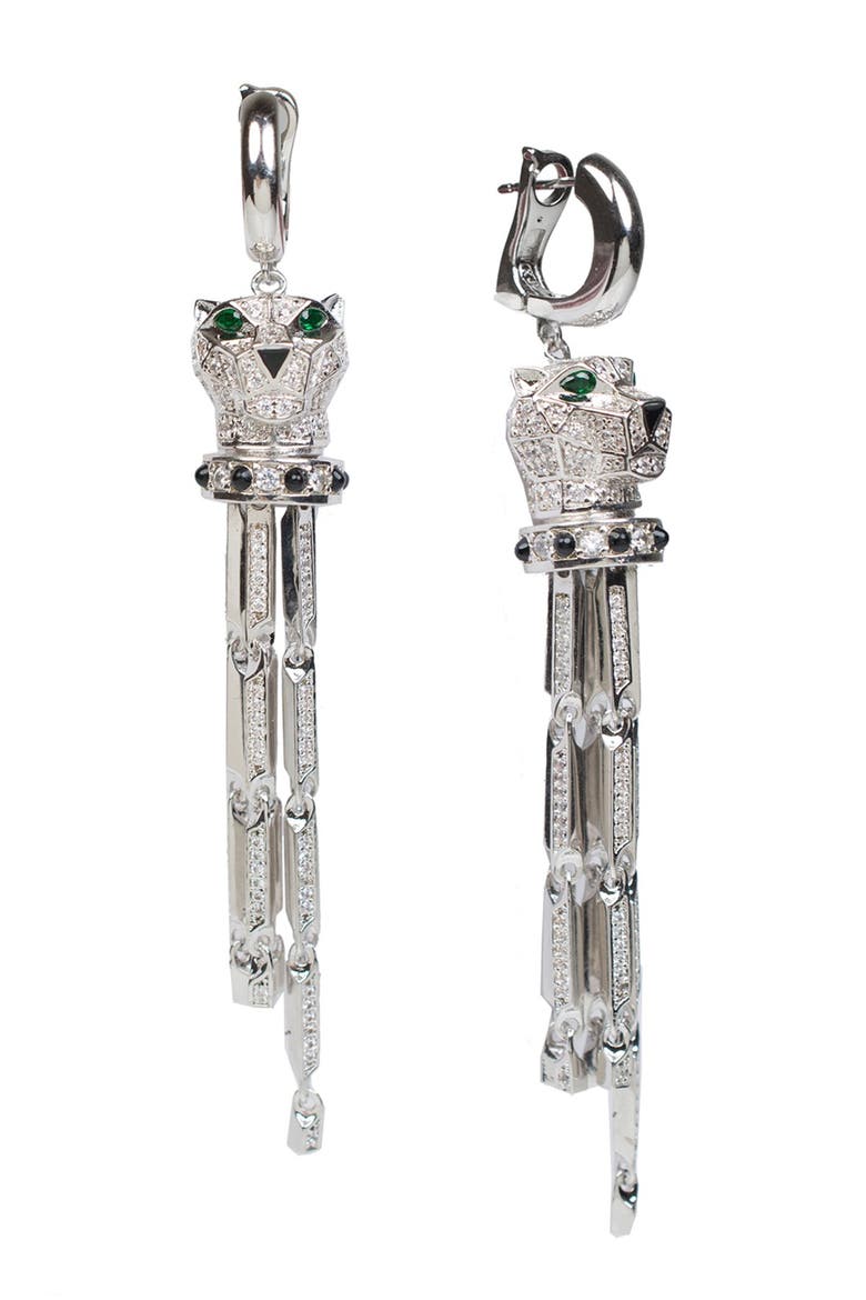 Rhodium Plated Panther Head Pave Tassel Earrings, Main, color, EMERALD-SILVER