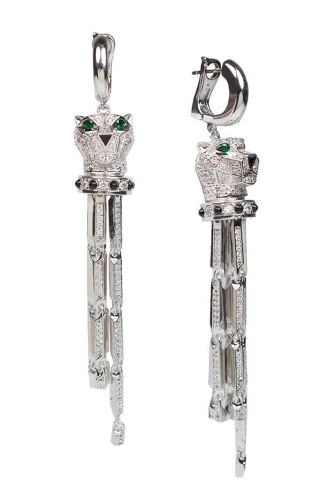 Rhodium Plated Panther Head Pave Tassel Earrings