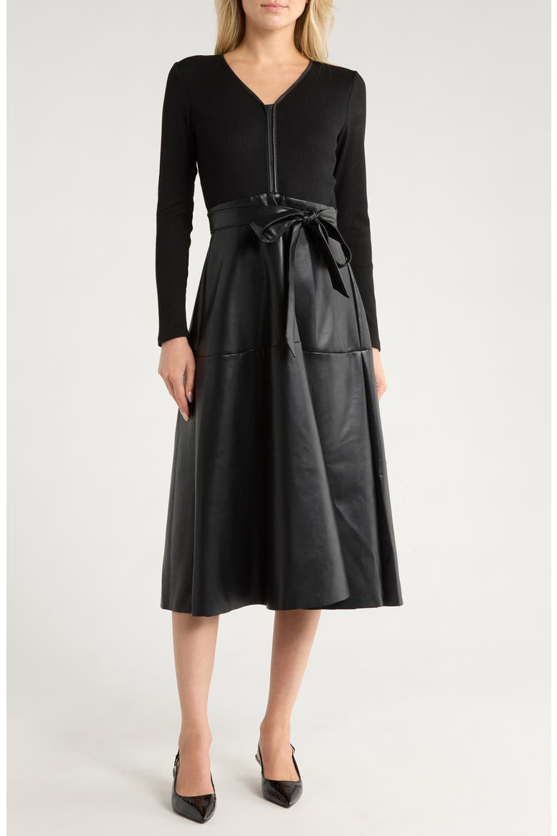 Thea Mixed Media Midi Dress, Main, color, BLACK
