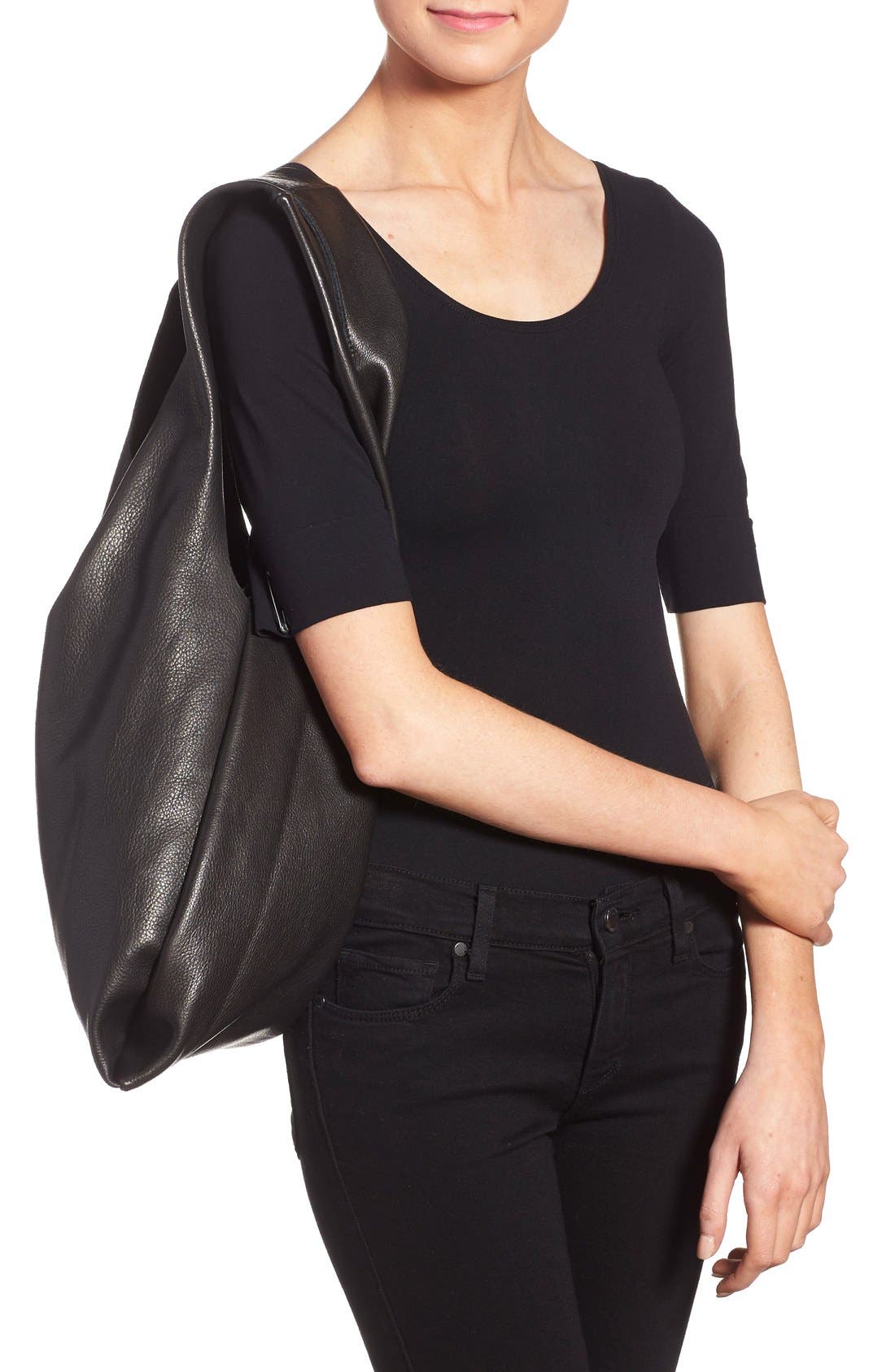 Leather Tote, Alternate, color, BLACK