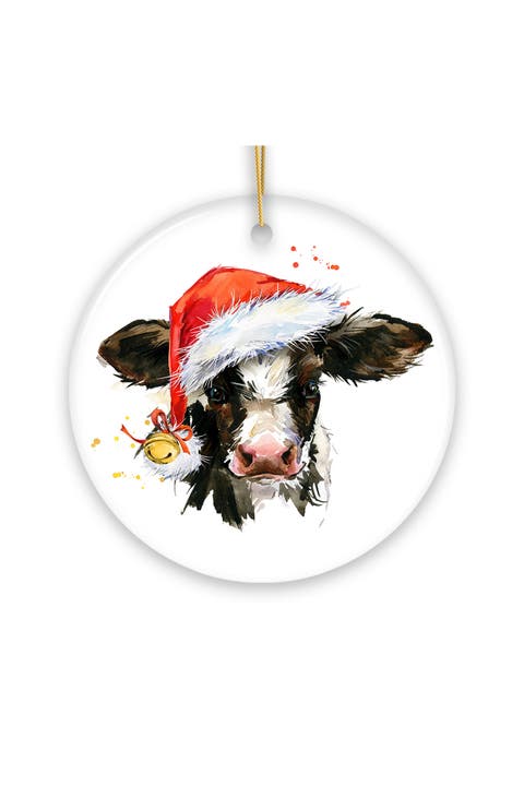 Watercolor Santa Hat Cow Round Christmas Ornament