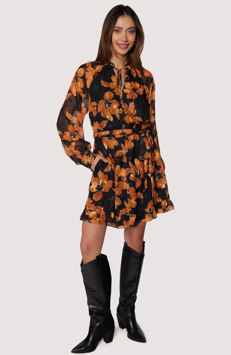 Lost + Wander Golden Rendezvous Floral Print Long Sleeve Minidress, Alternate, color, Black Orange Multi