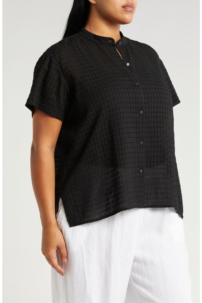 Grid Mandarin Collar Stretch Organic Cotton Shirt, Alternate, color, BLACK