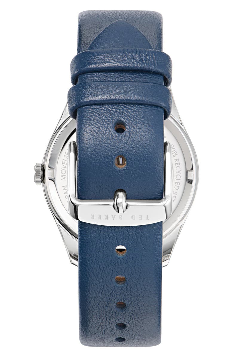 Ted Baker Recycled Stainless Steel Leather Strap Watch, Alternate, color, Blue