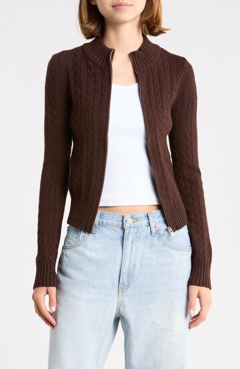 Cable Mock Neck Zip Cardigan