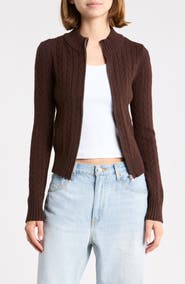 Madden Girl Cable Mock Neck Zip Cardigan