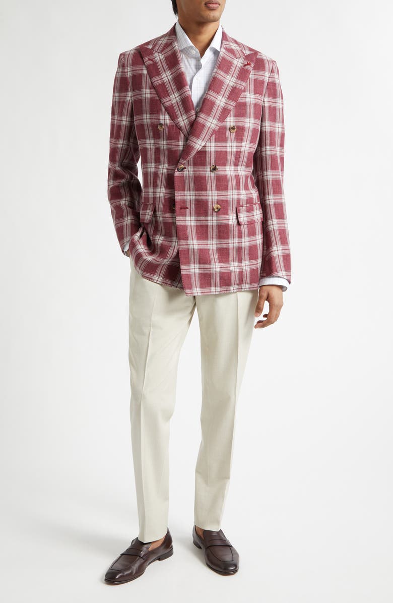 ISAIA Delave Plaid Linen & Wool Sport Coat, Alternate, color, Dark Red