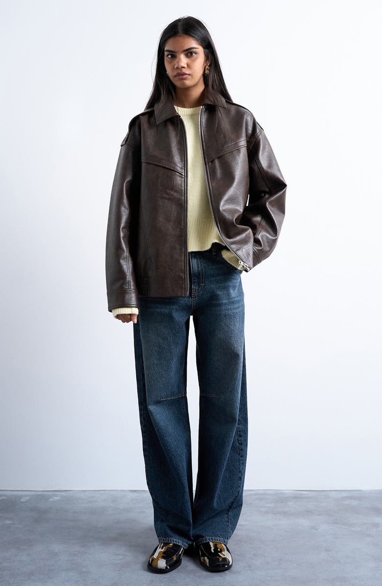 Topshop Oversize Faux Leather Bomber Jacket, Alternate, color, Brown