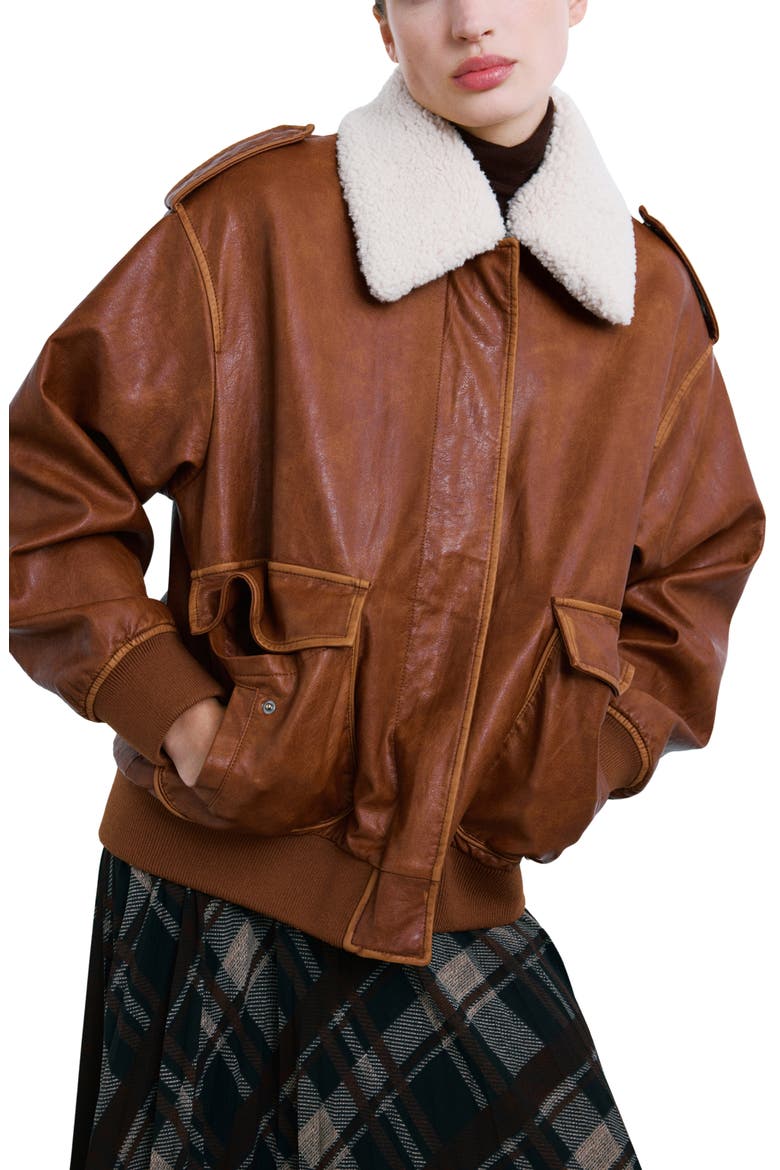 Faux Leather Jacket with Removable Faux Shearling Collar, Main, color, BROWN