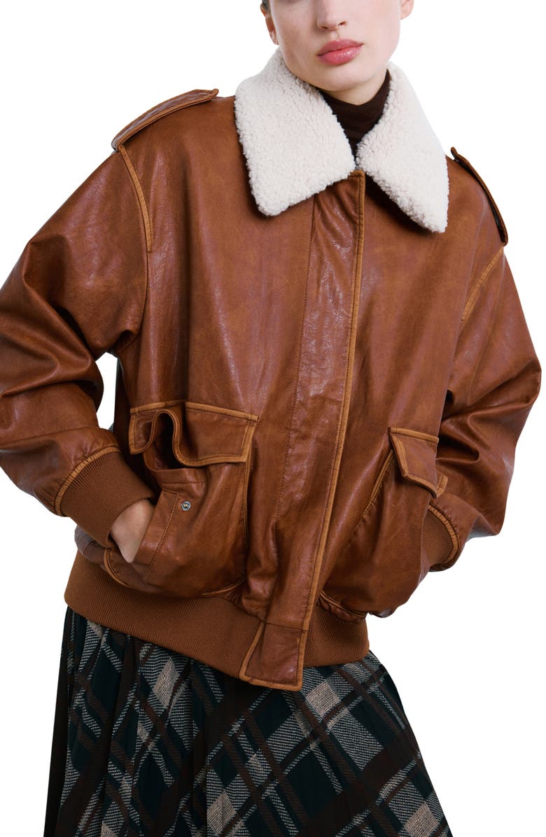 MANGO Faux Leather Jacket with Removable Faux Shearling Collar, Main, color, Brown
