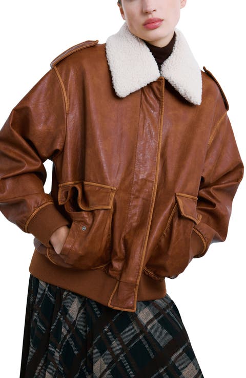 Faux Leather Jacket with Removable Faux Shearling Collar