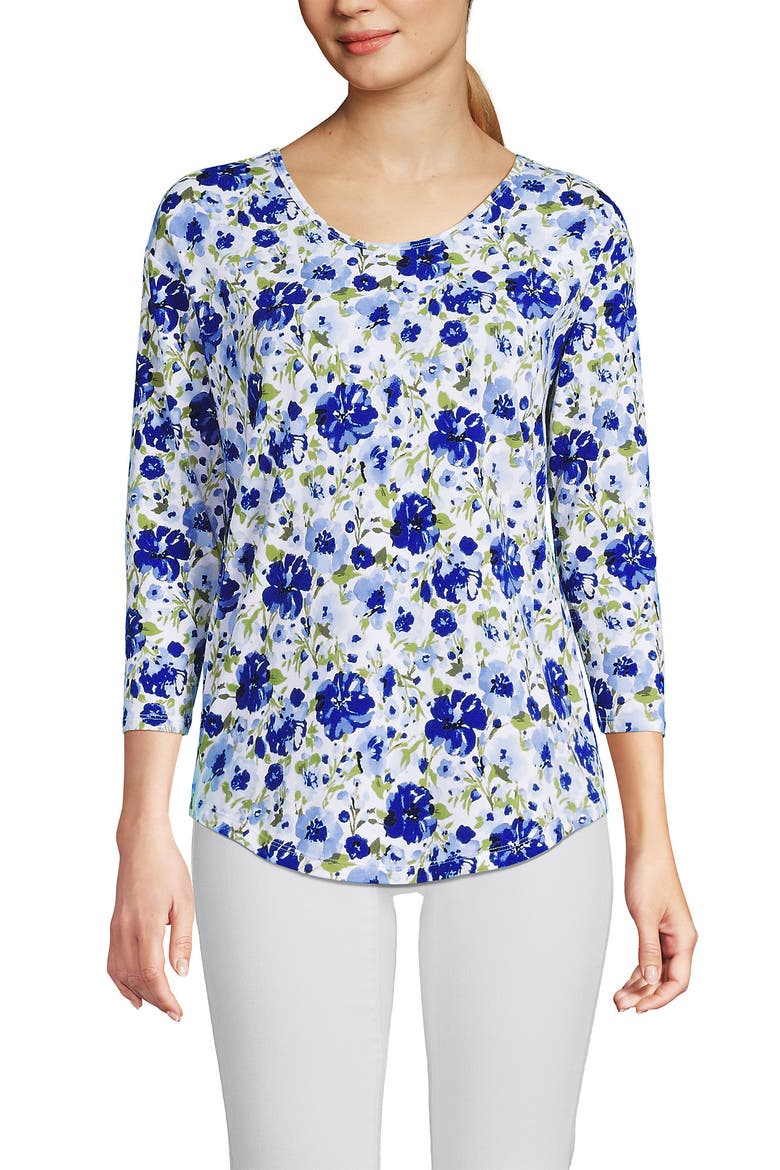 3/4 Sleeve Lightweight Jersey U-Neck Tunic, Main, color, Clear Blue Painted Blooms