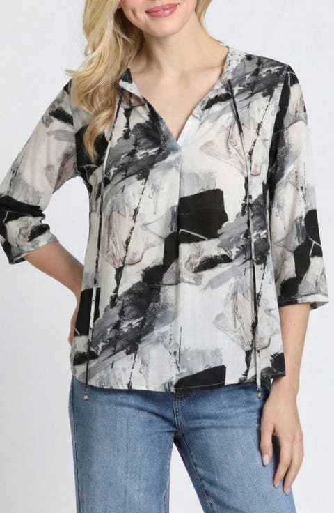 Print Tassel Split Neck Chiffon Top