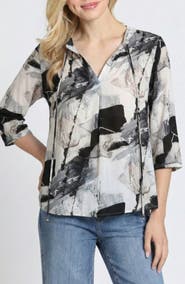 APNY Print Tassel Split Neck Chiffon Top